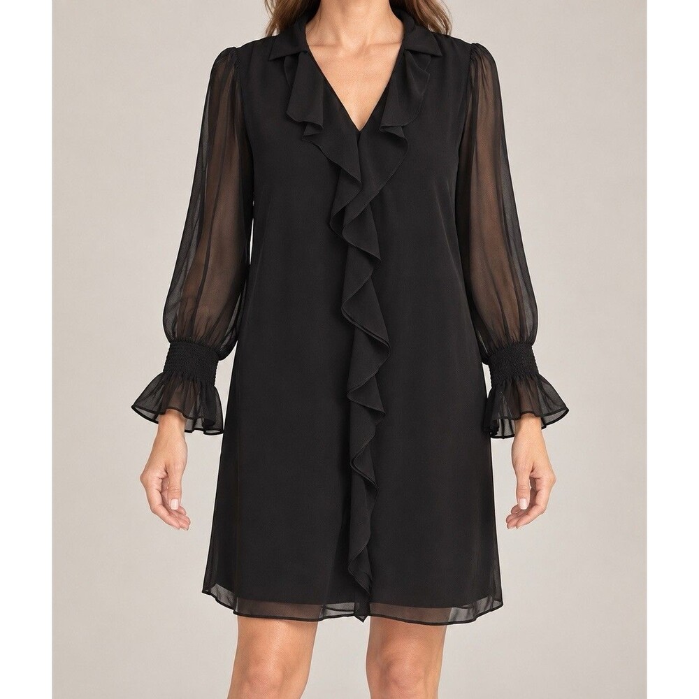 Chico's Ruffle A-Line Dress Black cocktail formal sheer dress 00 size 2 new